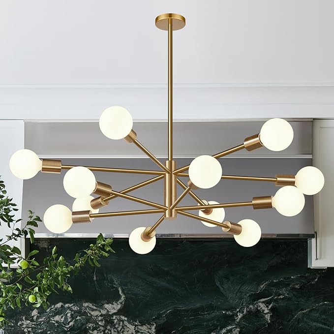 Sputnik Chandeliers Dining Room Light Fixture (12-Light, 33-Inch), Modern Brushed Brass Chandelier, Height Adjustable Mid Century Modern Chandeliers for Dining Room Kitchen (Bulbs not Included)