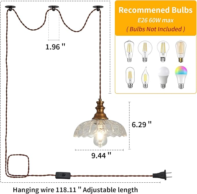 Plug in Pendant Light Industrial Pendant Lighting with Plug in Cord 9.8ft Hanging Lamps Clear Glass Shade ‎Bronze Light Fixture for Living Room Kitchen Dining Room Bedroom