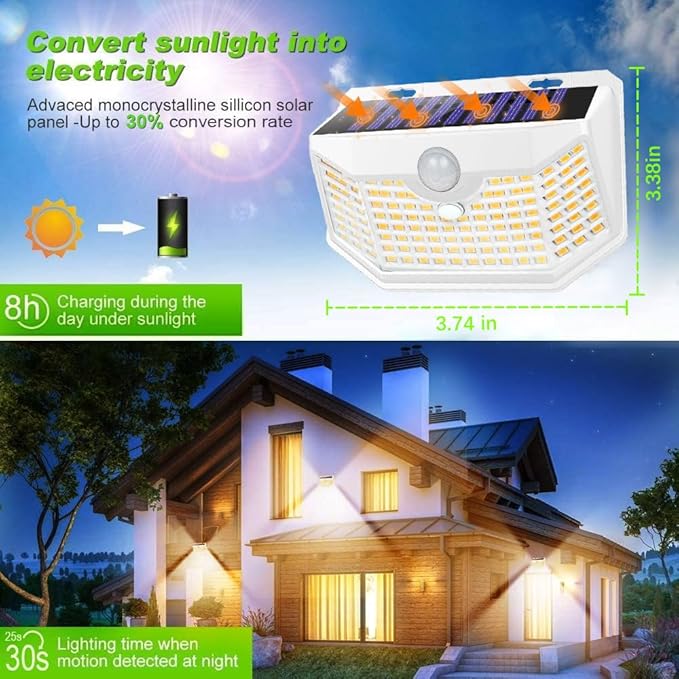 HMCITY 120 LED Solar Lights Outdoor Motion Sensor, 8 Pack, White Warm | 3 Lighting Modes, IP65 Waterproof, Front Button Control, Wide Solar Wall Lights Ideal for Garden Patio Yard