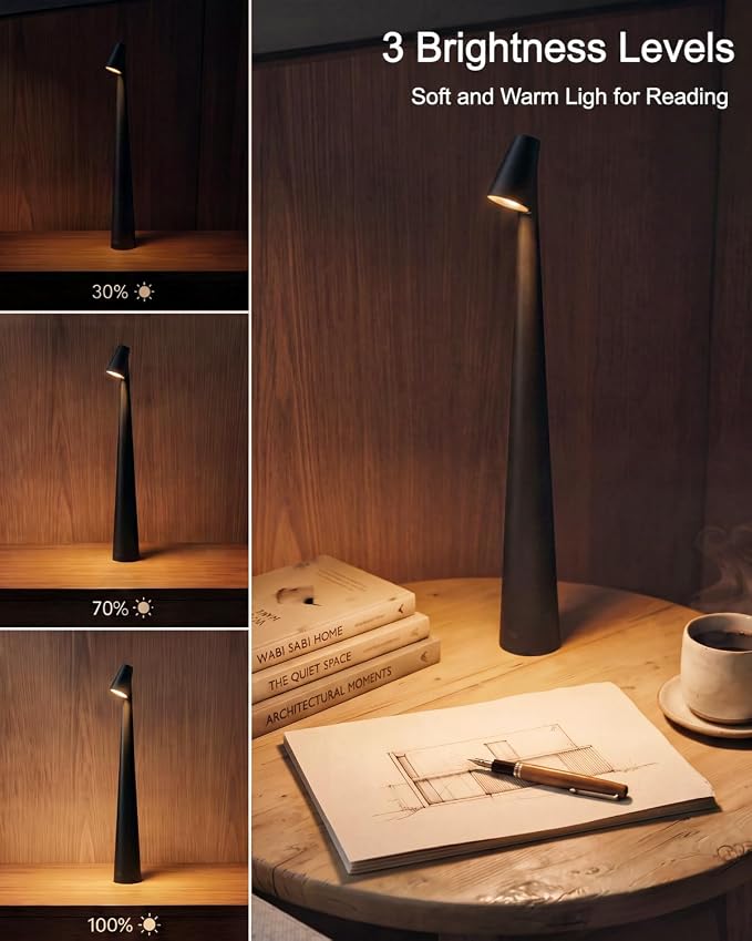 Cordless LED Table Lamp, 4000mAh Rechargeable Portable Desk Lamp, 3-Level Brightness, Bedside Night Light, Ambient Reading Light for Restaurant, Bedroom, Outdoor Camping, Night Light, Black