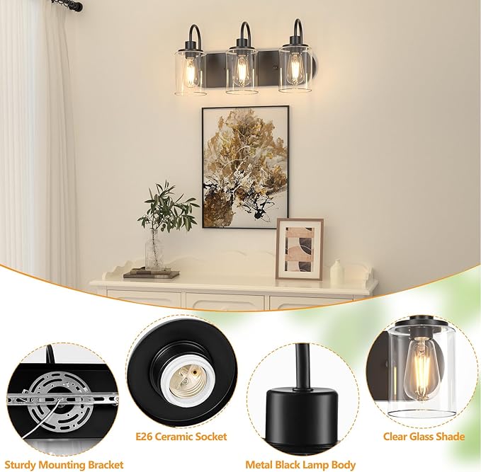 3-Light Bathroom Light Fixtures, Black Vanity Light Farmhouse Wall Sconces with Clear Glass Shade, Modern Bathroom Wall Lamp for Mirror Bedroom Hallway Living Room Cabinet