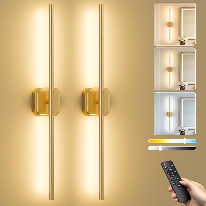 Battery Operated Wall Sconces Set of Two, Wireless Wall Lights Touch & Remote Control Rechargeable LED Wall Lamp 2700K-6000K Dimmable Lights for Living Room Bedroom Bathroom Hallway( 29 ", Gold)