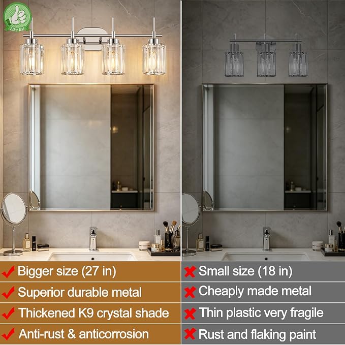 Modern K9 Crystal Bathroom Vanity Light Fixtures, 4-Light Chrome Vanity Lighting Over Mirror, Clear Crystal Shades, Modern Bathroom Light for Bedroom Living Room Hallway Dressing Room