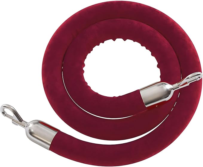 Montour Line Velvet Hanging Stanchion Rope Foam Core, 8 Foot Maroon Rope with Polished Stainless Steel Snap Ends