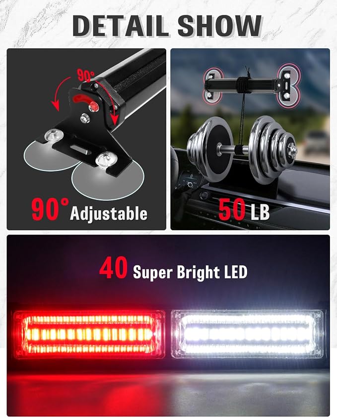 HLauto 1002L Emergency Strobe Traffic Advisor Light Bar: 40LED Dash Safety Warning Flashing Front/Rear Windshield Visor Light for Construction Vehicle, Trucks (2x10.7inch, Red White)
