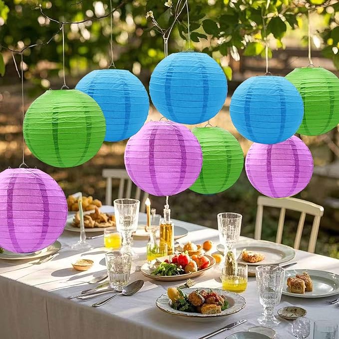 Purple -Green and Blue Paper Lanterns 12Pcs Hanging Lanterns for Birthday Party, Wedding, Home Decor, Baby Shower Festive Decoration