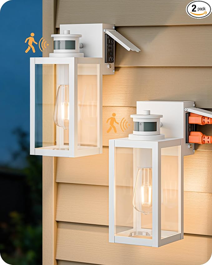 EDISHINE Porch Light with GFCI Outlet, Motion Sensor & 3 Modes, 12" H Dusk to Dawn Outdoor Wall Lights, Exterior Wall Sconce with Clear Glass for Front Door, Garage, Patio, White, 2 Pack