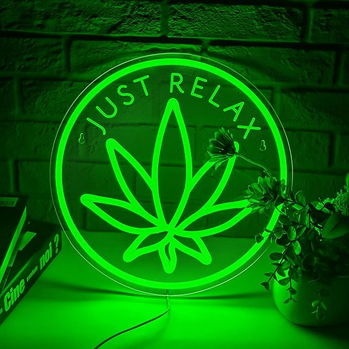 Just Relax Neon Sign Dimmable Green Leaf LED Neon Lights Signs for Wall Decor Leaf Weed Neon Light for Man Cave Smoker Bedroom Game Room Hotel Bar Club Party Decor