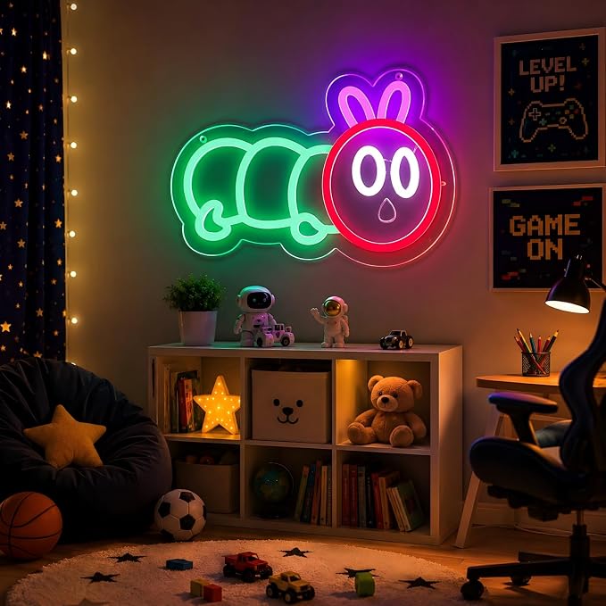 Cute Caterpillar Neon Sign for Wall Decor, Colorful LED Light Up Sign for Kids Bedroom, Baby Nursery, Playroom, Pink Green Red Neon Light, USB Powered Acrylic Sign, Gift for Boys & Girls