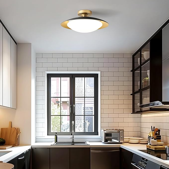 Dimmable Modern Mid-Century LED Ceiling Light, Black and Gold, 15.7 Inch | Semi Flush Mount Ceiling Light, 5CCT 2700K-6000K Lighting Fixtures with Glass Shade for Bedroom Kitchen Living Room