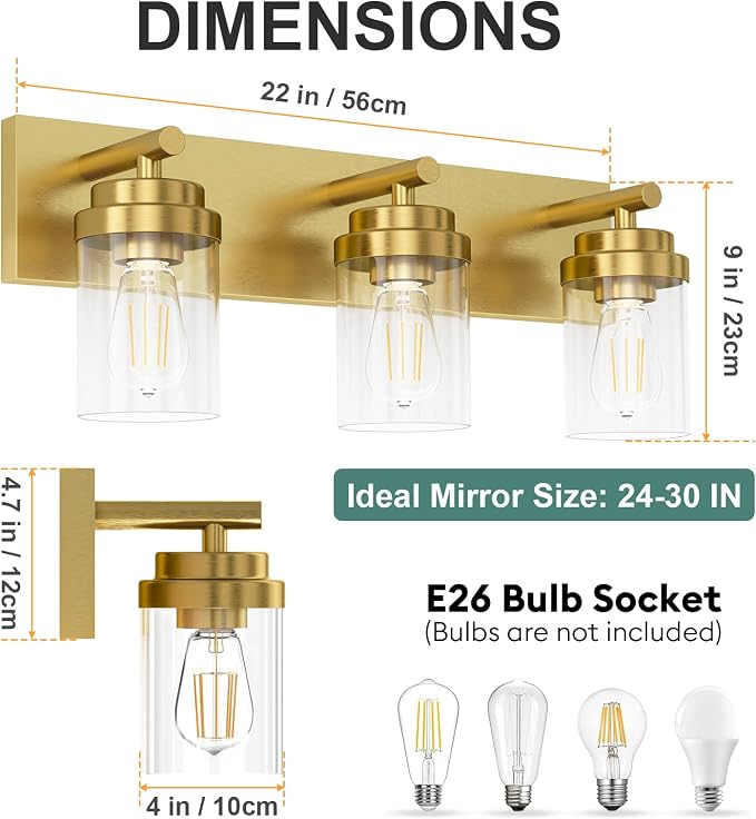 IZORRO Bathroom Vanity Light Fixture, 3-Light 22 Inch Gold Bathroom Light Fixtures Over Mirror, with Clear Glass Shade, Modern Farmhouse Vanity Lights, Rustic Restroom Lighting Fixtures
