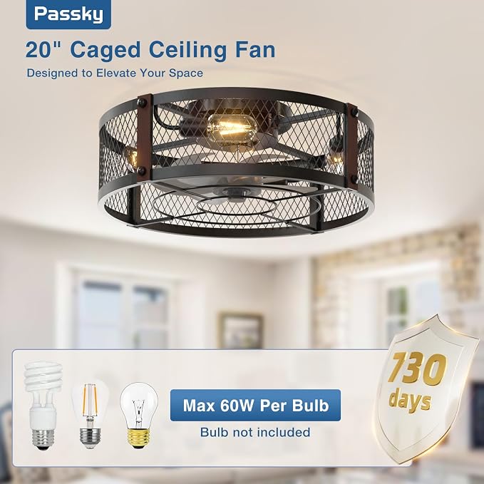 Passky 20" Caged Ceiling Fans with Lights and Remote, Low Profile Fandelier | Reversible DC Motor, 1/2/4H Timer, 6 Speeds, Farmhouse Style, Quiet Operation, for Bedroom, Kitchen, Dining Room, Living Room