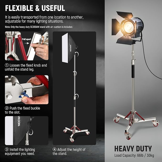NEEWER 10ft Heavy Duty Air Cushioned Light Stand with Casters, Adjustable Tripod Stand, Stainless Steel Photography Wheeled Stand for Studio Flash Softbox Monolight Reflector, SC305AW | Adjustable Tripod Stand, Stainless Steel Photography Wheeled Stand...