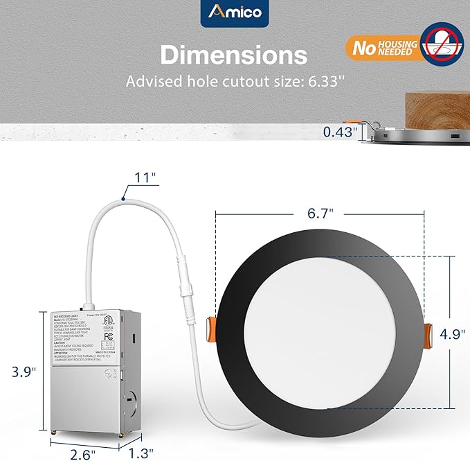 Amico 12 Pack Black 6 Inch 5CCT Ultra-Thin LED Recessed Ceiling Light with J-Box, 2700K-5000K Selectable, 12W=110W, Dimmable Canless Downlight, 1050LM High Brightness