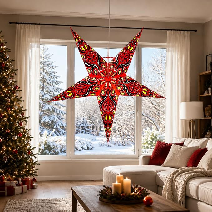 Lantern Lampshade Paper Star Light Shades Large 60cm Hanging Decorations for Christmas Wedding Home Decoration Birthday Party Foldable 5 Pointed Star (Red, Black, Yellow)