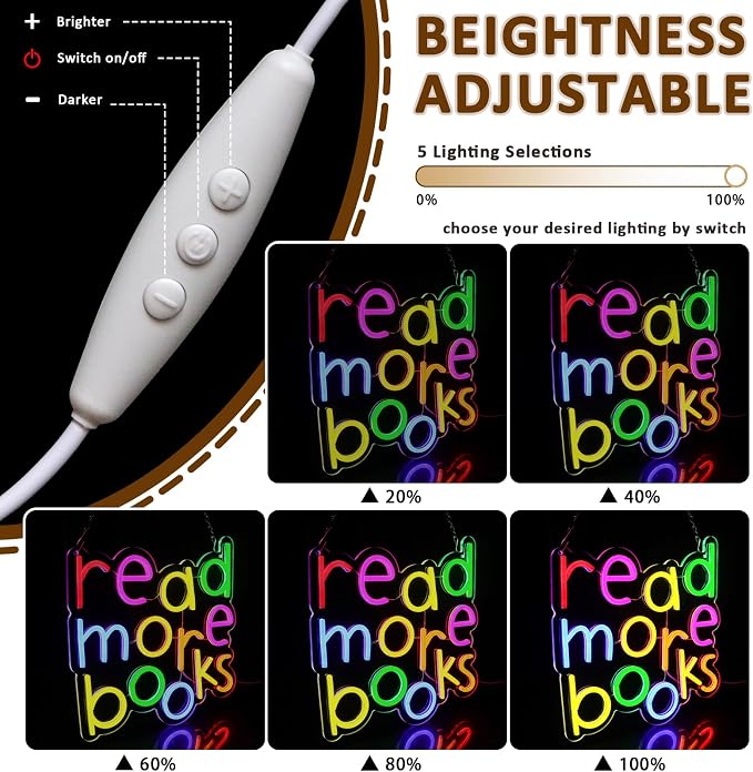 Read More Books Neon Sign for Wall Decor, Reading Led Signs for Library, USB Dimmable Neon Lights for Classroom Reading Corner Bedroom Study Room Home Book Club Motivational Wall Art