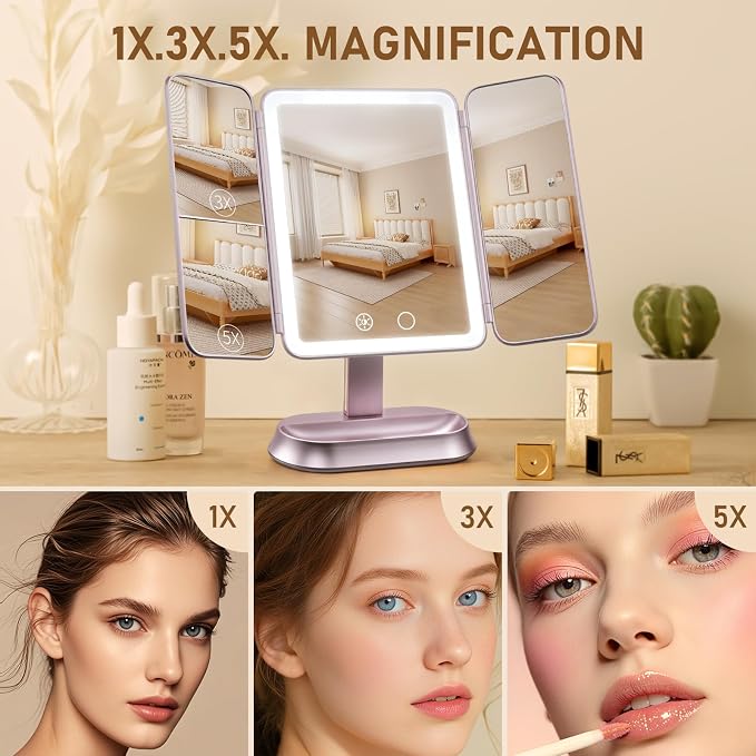 FRANO Lighted Makeup Mirror with 1X/3X/5X Magnification, Rechargeable Trifold Mirror, Smart Sensor & 3 Light Colors, Portable Cosmetic Vanity Mirror for Women - Metallic Purple