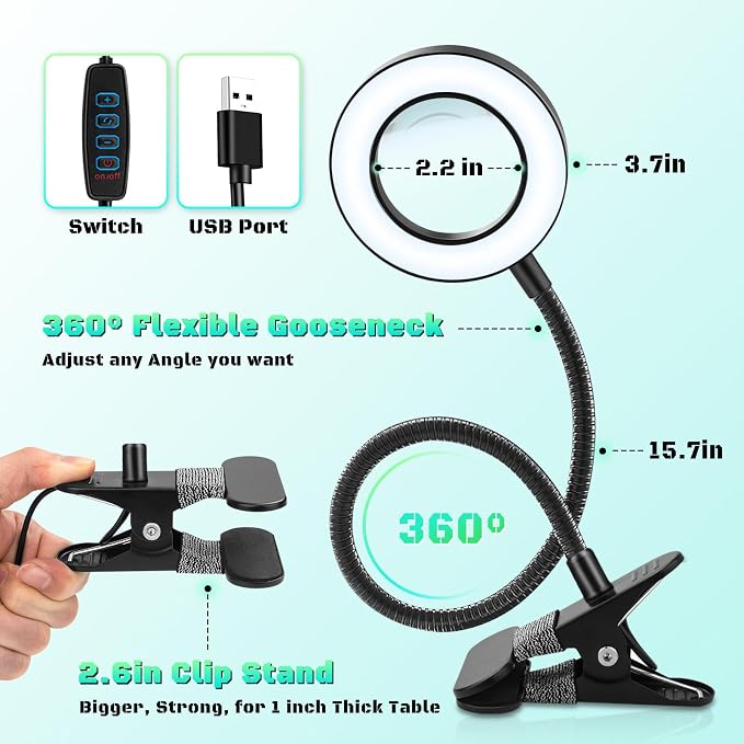 10X Magnifying Glass with Light, Clip on Mganifier with Light, 48 LED Desk Magnifying Glass wtih Clamp, 3 Modes Dimmable Magnifying LED Lamps for Bed Work Crafts DIY Repair Black
