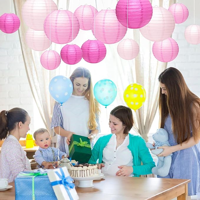 21 Pcs Pink Paper Lanterns Party Decorations, 4/6/8/10 Inch Round Chinese Hanging Paper Lanterns for Valentine's Day, Wedding, Birthday, Graduation, Classroom Ceiling Decorations Indoor Outdoor