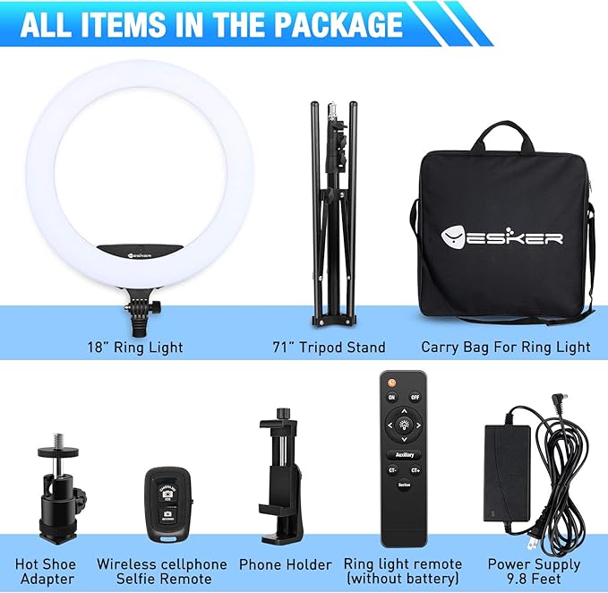 Yesker Ring Light 18" Wireless Remote LCD Screen with Tripod Stand 65W LED Ringlight Bi-Color 3200-5500K CRI≥95 for Portrait Live Stream Photography Tiktok Video Zoom Meeting Online Teaching