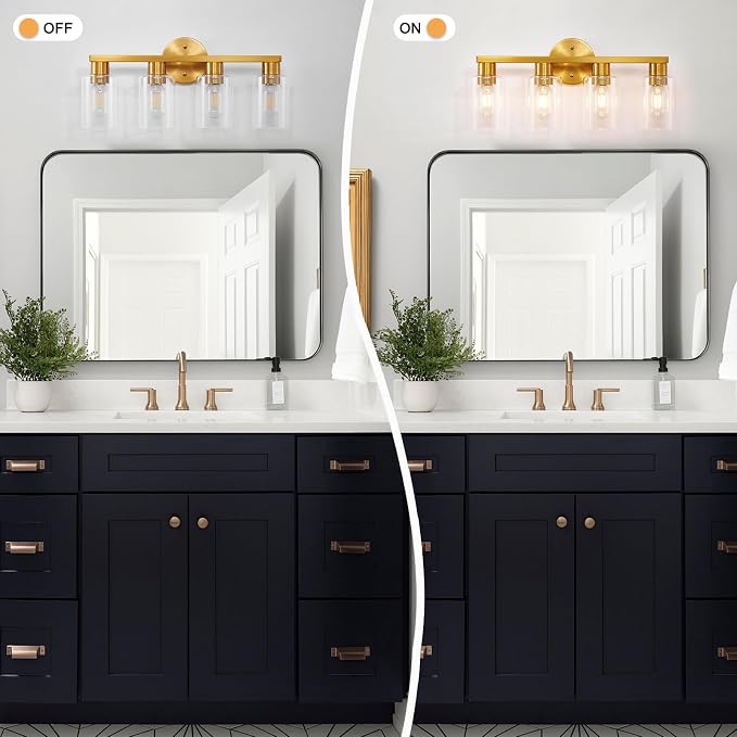 4 Light Gold Bathroom Vanity Light, Brushed Brass Bathroom Light Fixtures with Clear Glass Shade, Modern Wall Lamp Sconce Lighting for Bath Mirror Bedroom Living Room Hallway Porch