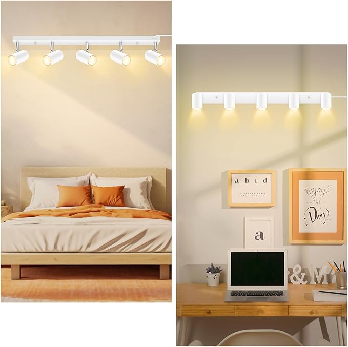 5 Light Track Lighting Kit,White 5 Way Modern Plug in Ceiling Spotlight,Industrial LED Wall Light for Kitchen Cabinet Gallery Bar Hallway Living Room,Rocker Switch,15 Foot Cord(No Bulb)