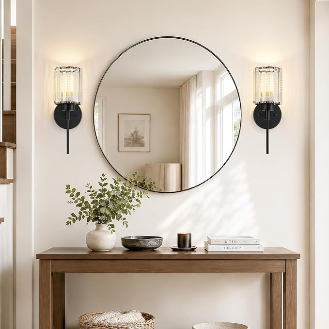 Modern Wall Sconces Set of 2, Matte Black Wall Lights with Clear K9 Crystal Shades, Bathroom Vanity Lights for Bedroom, Living Room, Hallway