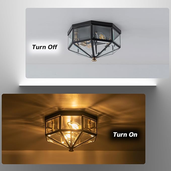 10.25 Inch Copper Outdoor Flush Mount Ceiling Light Fixture | Black and Brass Finish, 2-Light Design, E12 Base, Indoor and Outdoor Use, Vintage Industrial Style, Octagonal Shape