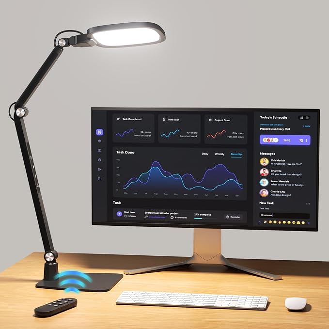 Led Desk Lamp for Office Home, Reading, Crafts & Zoom Swing Arm Task Lights | 1200lm Eye-Caring Light for Computer Monitor, Dimmable 5 Color & Brightness, 30/60 Min Timer, Memory Function, Touch & Remote