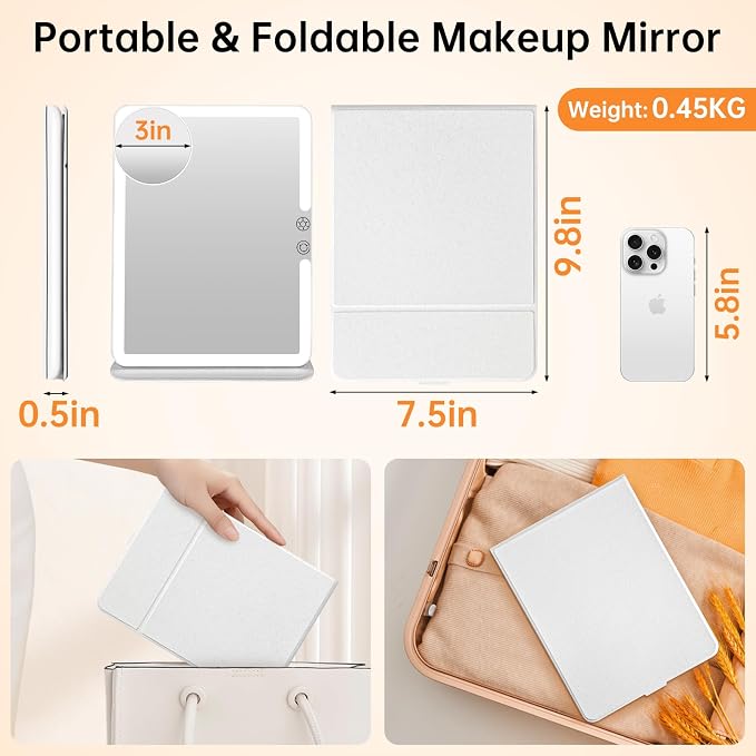 FUNTOUCH 2500mAh Large Rechargeable Travel Makeup Mirror with Light (White) | Portable Makeup Mirror with 10X Magnifying Mirror, 3 Lighting Modes, Tabletop Folding Travel Mirror with PU Leather Cover