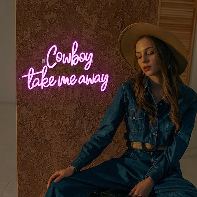 WLHOPE Neon Sign, Words Wedding Neon Signs for Wall Decor Cowboy Take Me Away Neon Sign Pink Neon Signs for Wall Decor Cowgirl Led Lights for Bar Man Cave Club Party Bedroom Home Birthday Western Decoration Gift