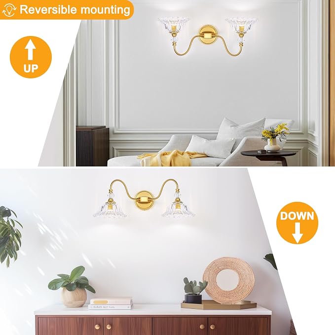 Gold Bathroom Vanity Light Fixtures 2 Lights Vanity Lights for Bathroom with Floral Crystal Glass Shade Modern Wall Lighting Fixtures Over Mirror(Exclude E26 Bulb)