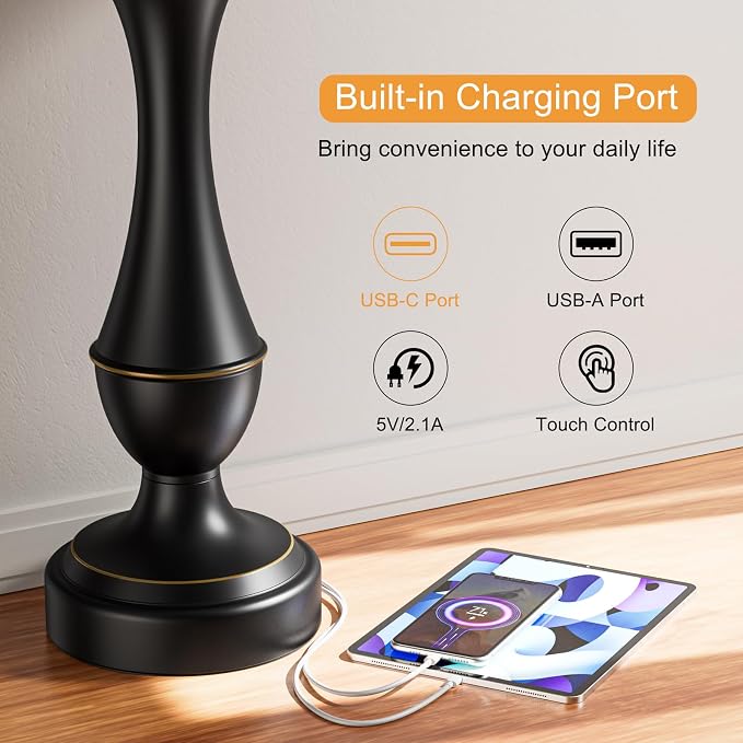 Touch Lamps for Nightstand, 3 Way Dimmable Lamps for Bedroom with USB C+A | Touch Control, USB C+A Charging Ports, Table Lamps for Living Room, Night Stands, Bedside, Bedroom, Bulb Included, Black