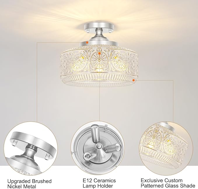 Brushed Nickel Semi Flush Mount Ceiling Light, 3-Light Vintage Ceiling Light Fixture, Hallway Lighting Fixture with Thickened Glass, 12In Kitchen Ceiling Mount Light for Entryway Bathroom, E12*3