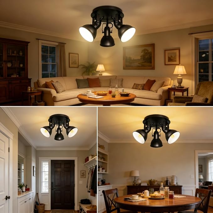 HiBay Ceiling Light Fixtures, 3-Lights Adjustable LED Spotlight Black | Industrial Track Lighting with Round Plate for Kitchen, Living Room, Office, E26 Base, Black (Bulbs Not Included)