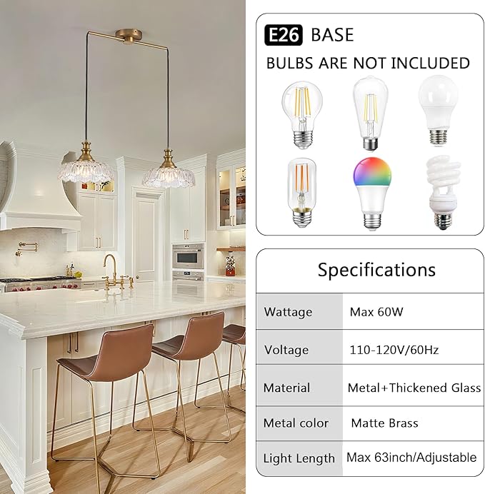 HDDFL Vintage Pendant Lighting Fixtures Modern Glass Hanging Lamp with Adjustable Cord for Kitchen Island Dining Room Hallway 2 Light Brass and Clear