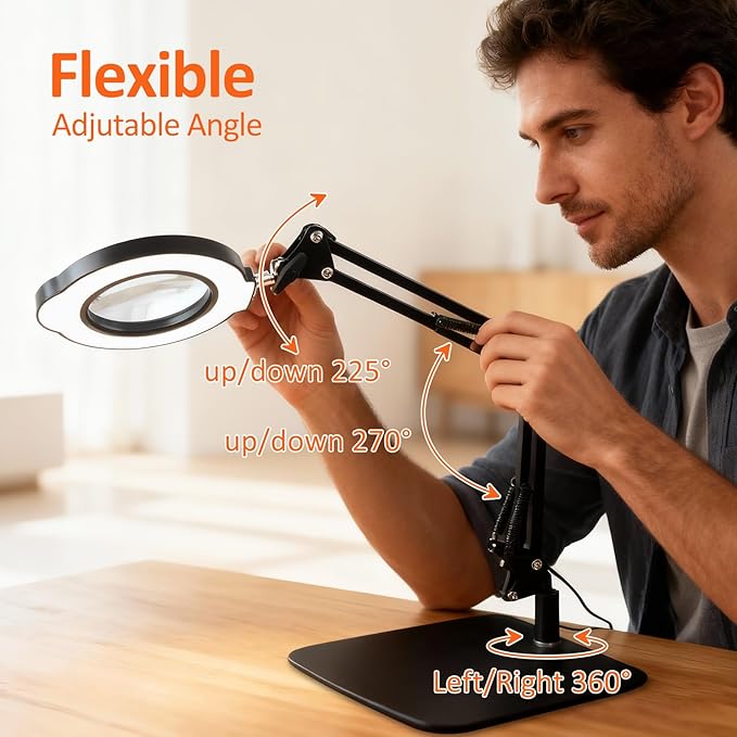 10X 30X Magnifying Glass with Light and Stand, Desktop LED Magnifying Lamp with Base and Clamp, 5 Color Modes, 3 Dimmable Levels Hands Free Magnifying Glass for Reading, Close Work, Crafts, Jewelry