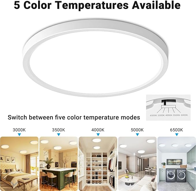 LED Flush Mount Ceiling Light,7Inch 15W,3000K/3500K/4000K/5000K/6500K 5 Color Temperatures Ceiling Light Fixture for Kitchen Porch Hallway Bedroom Bathroom and Closet,White