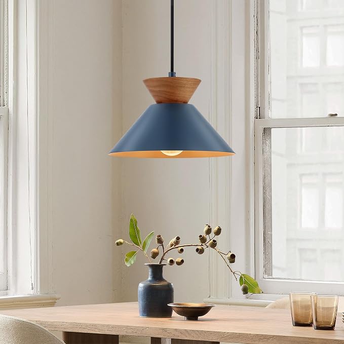 ELYONA 10 Inch Modern Pendant Light Fixture Farmhouse Solid Wood Hanging Lamp with Navy Blue Metal Shade & Gold Inner Finish Adjustable Pendant Light for Kitchen Island Dining Room Bedroom Modern Blue