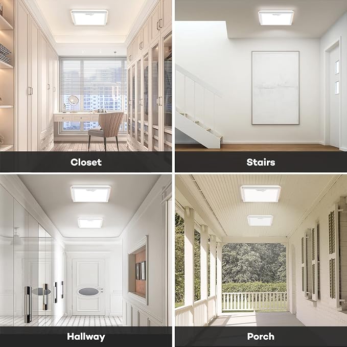 Annaror 2Pack 12in Motion Sensor Ceiling Light Wired with 3 Timer White | 3000K 4000K 5000K Selectable，24W 2400LM Flush Mount Square Motion Ceiling Light for Closet Porch Stairs Hallway , Auto/ON/G