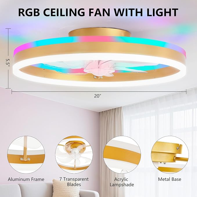 RGB Ceiling Fan with Light, 20'' Low Profile Ceiling Fans with Remote Control, Smart Gold Flush Mount LED Fan Light, Modern Bladeless Fandelier for Bedroom, Living Room, Kitchen