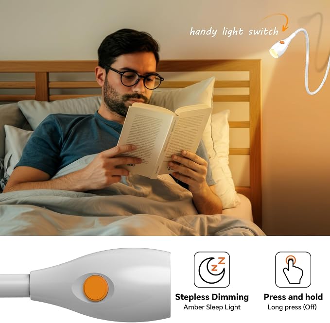 Wall/Headboard Mounted Reading Light with Lamp Head Switch | Minimalist Design, USB-C Powered, CRI 95+, 4000K + Amber Nightlight, 8–100% Dimmable,Metal Gooseneck,For Home Bedroom Bedside