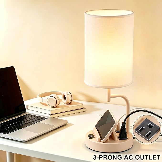 Dreamholder 2 Pack Table Lamp, Bedside Lamp with 3 USB Charging Ports & AC Outlet, USB Desk Lamp with 2 Phone Holders, Linen Fabric Shade Nightstand Lamps for Bedroom Living Room Office, Beige