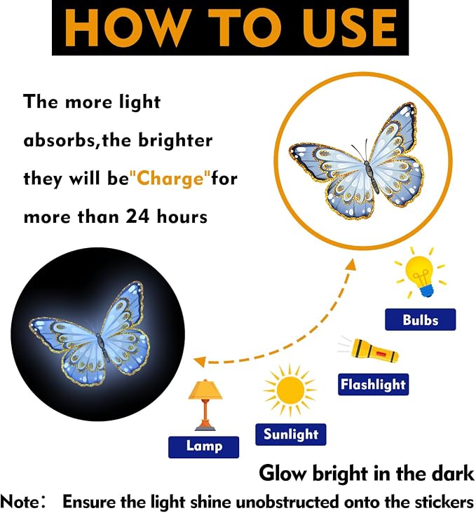 Glow in the Dark Butterfly Wall Stickers Luminous PVC Decals Self-Adhesive Peel and Stick for Kids Bedroom Living Room Nursery Home Decor