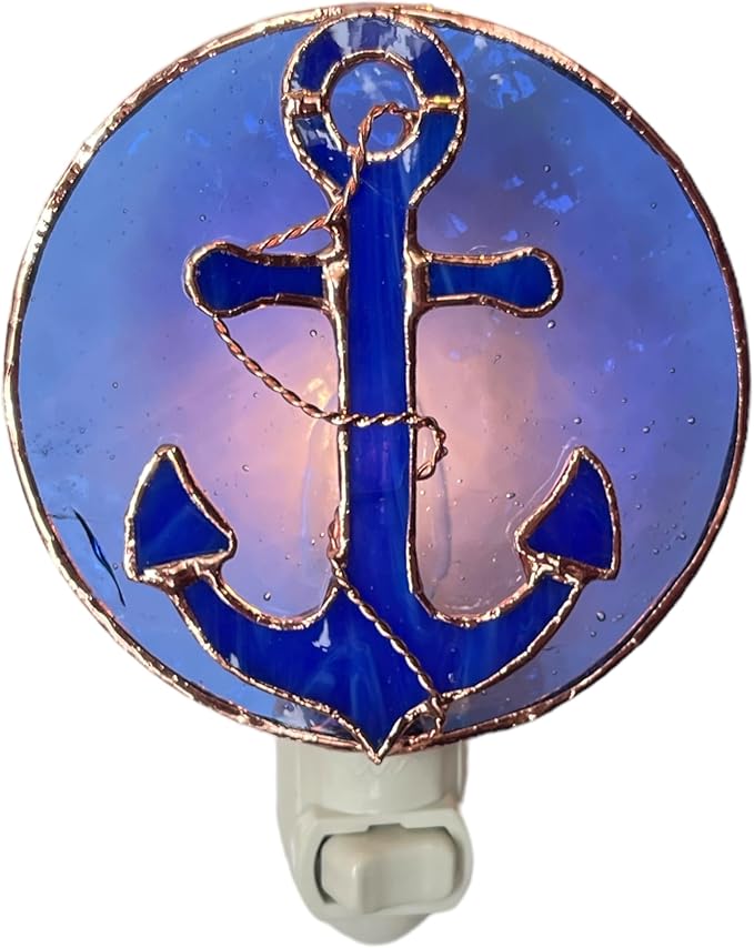 Gift Essentials Blue Anchor Plug in Night Light - Stained Glass Nightlight with On/Off Rocker Switch - Includes One 4 Watt Replaceable Incandescent Warm Glow Bulb