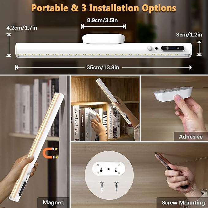 Battery Powered Operated Wall Strip Light with Motion Sensor | LED Light Bar, Rechargeable Magnetic Under Cabinet Lighting Wireless with Remote Control for Desk Mirror Closet White