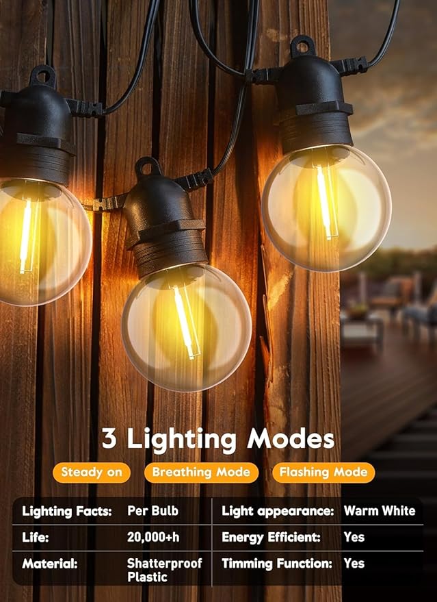 Brightown 34FT Outdoor Solar String Lights - LED G40 Pro Patio Energy Saving with 11 Shatterproof Bulbs, 3 Light Modes Waterproof Hanging Lights for Outside Garden Backyard Decor, No Remote Control