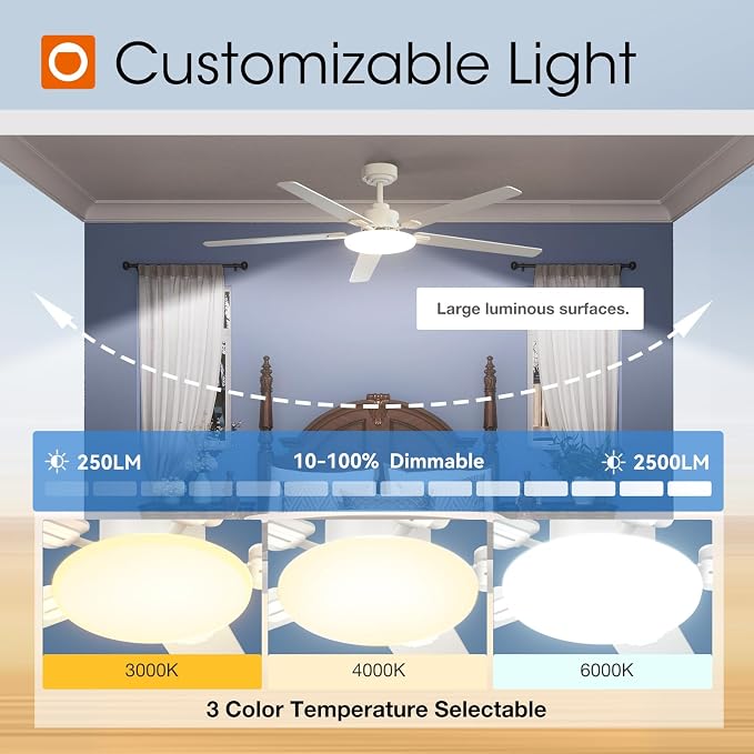 addlon 60 Inch Ceiling Fans with Lights and Remote Control, Wall Switch | Reversible DC motor, 6-speed, Timer, 3CCT Dimmable, Quiet, White Ceiling Fan for Bedroom, Living Room, Indoor/Outdoor Use