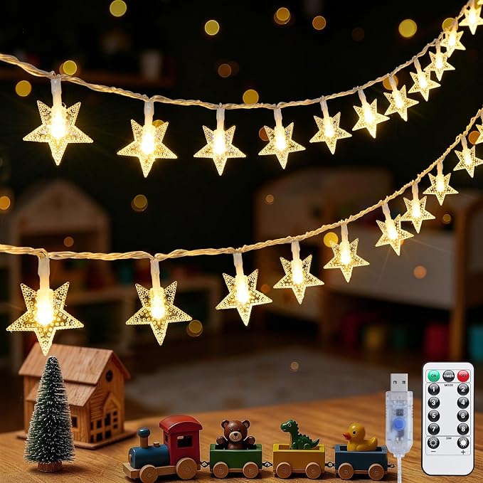 JMEXSUSS 100 LED Star String Lights USB Plug in, 33Ft Fairy Lights | Remote, Waterproof Hanging String Lights Indoor for Bedroom Tent Loft Bed Classroom Dorm Decor, Warm White