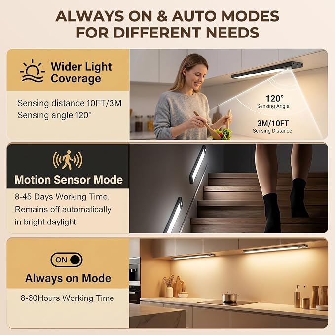 4Pack Under Cabinet Lighting Rechargeable -10" Ultra-Thin Black 3 Color Temps Super Bright, Motion Sensor, Long Lasting - Easy Installation Magnetic Under Closet Lights
